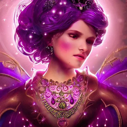 Image similar to portrait princess of amethyst, glowing, ornate and intricate purple jewelry, jaw dropping beauty, glowing background lighting, purple accent lighting, hyper detailed, fairy tale, 4 k octane render