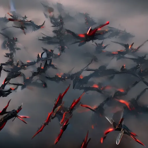 Prompt: thousand dragons flying in formation. they're black red and have a yellow accent color. ready for battle. cinematic, unreal engine 5, live-action,