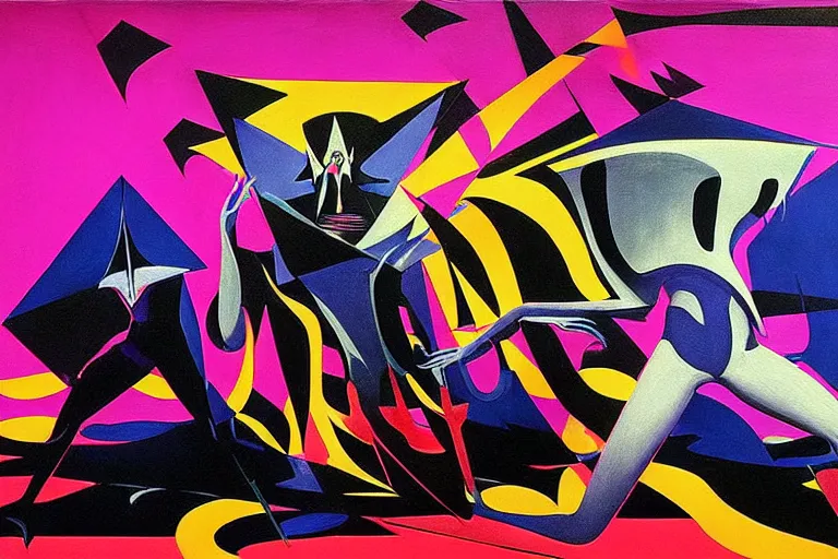 Prompt: a beautiful masterpiece painting of the technomancer wizard in dazzle camouflage robes with pointed hoods and his ai djinn performing psychic television on a crt tv by remedios varo and anato finnstark and greg rutkowski and andy warhol and francis picabia, dayglo pink, dayglo blue, dazzle camouflage, glowing, pearlescent white, raven black