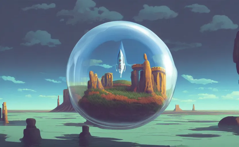 Image similar to a scary hyperrealist painting of a rocketship in a giant transparent cubic bubble from howl's moving castle ( 2 0 0 4 ) in a flooded monument valley stonehenge jungle. depth perception, 4 k, artstation, in the style of studio ghibli