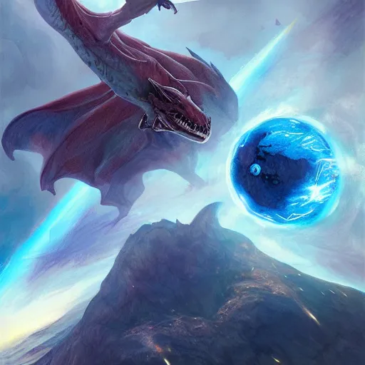 Image similar to Gigantic blue scaled dragon devouring an earth like planet while flying in space, sun system, charizard, nebula, oil painting, by Fernanda Suarez and Edgar Maxence and Greg Rutkowski