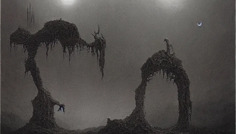 Prompt: the reaper of souls, landscape artwork by zdzislaw beksinski. intricate details. horror