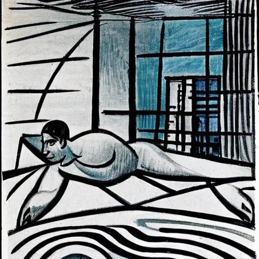 Prompt: a beautiful illustration of a man swimming in a pool. Through the floor-to-ceiling windows, you can see the moonlight outside. by Picasso