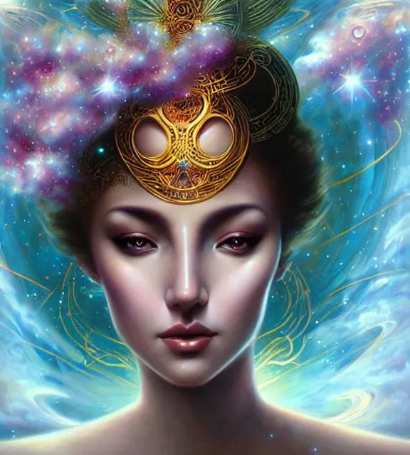 Prompt: goddess of the cosmos, astral goddess, digital art by artgerm and karol bak