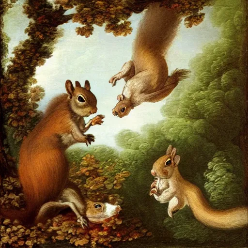 Prompt: squirrels in garden, style of Fragonard