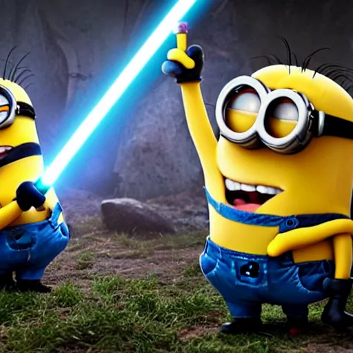 Prompt: the minions having a lightsaber duel with the minions,