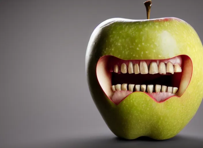 Image similar to photo still of an apple with human teeth, 8 k, studio lighting bright ambient lighting key light, 8 5 mm f 1. 8