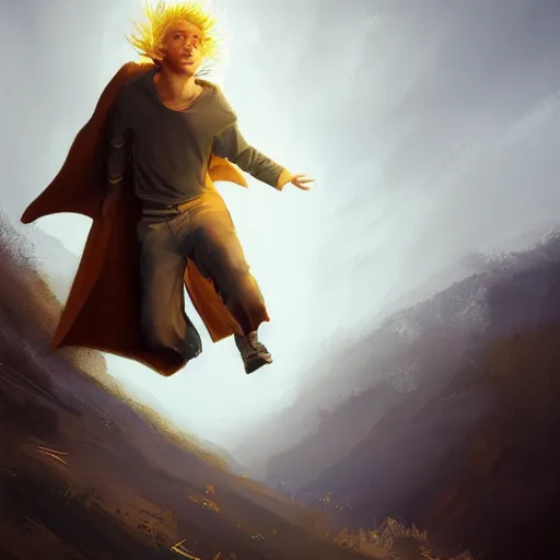 Image similar to blonde boy with golden eyes wearing a brown cape and flying in t pose, energy background, brush strokes, greg rutkowski