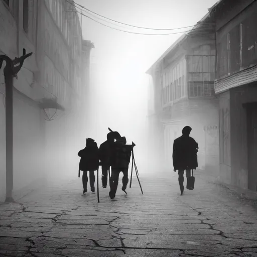 Image similar to a group of clowns walking down a long dark foggy alley the are carrying sticks. fog, tall decrepit buildings. black and white photography