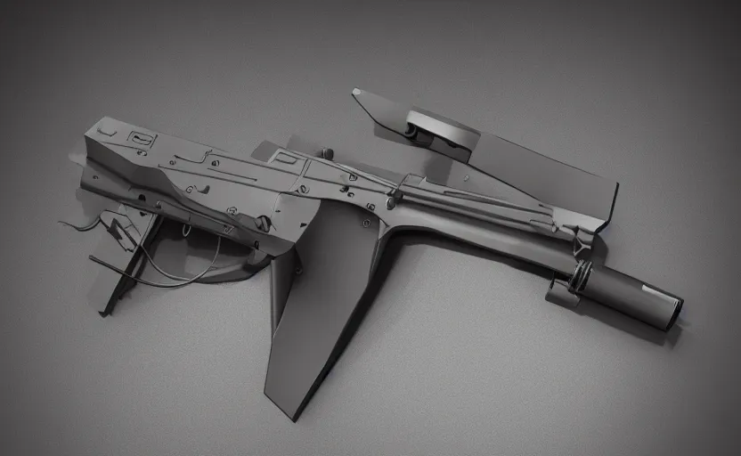 Image similar to minimalist submachine gun inspired by Tesla, studio lighting, octane render, photorealistic, highly detailed, trending on artstation, weapon concept art, weaponry concept designs