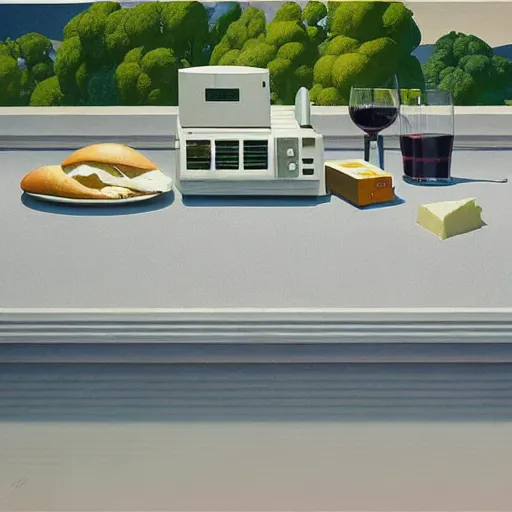 Image similar to an achingly beautiful still life featuring tillamook cheese, and red wine and an old computer , very coherent, painted by Edward Hopper, Wayne Barlowe, painted by James Gilleard, airbrush, art by JamesJean