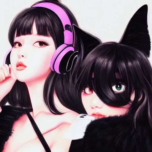 Prompt: realistic beautiful gorgeous curvy natural cute Blackpink Lalisa Manoban black hair cute fur black cat ears, wearing white camisole, headphones, black leather choker artwork drawn full HD 4K highest quality in artstyle by professional artists WLOP, Taejune Kim, Guweiz on Pixiv Artstation