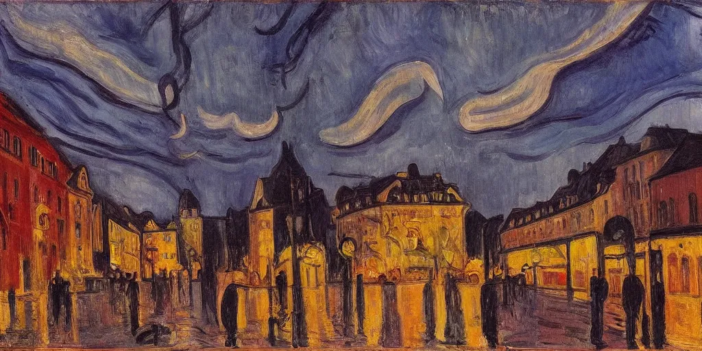 Prompt: a street scene in the first district of vienna, twilight, lights in windows, style of edvard munch, the storm