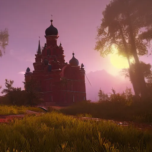 Prompt: alloy, horizon zero dawn, russia, church, senset, fog