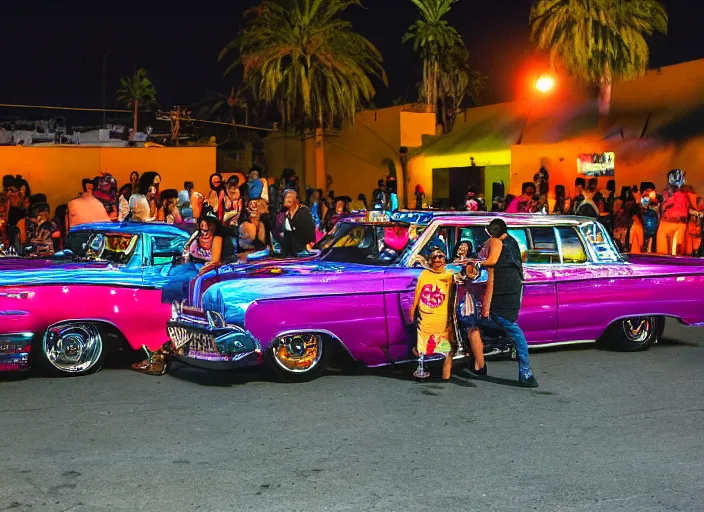 Image similar to chicano homeboys hanging out at a lowrider show at twilight in east los angeles, ilfochrome, 8 k resolution
