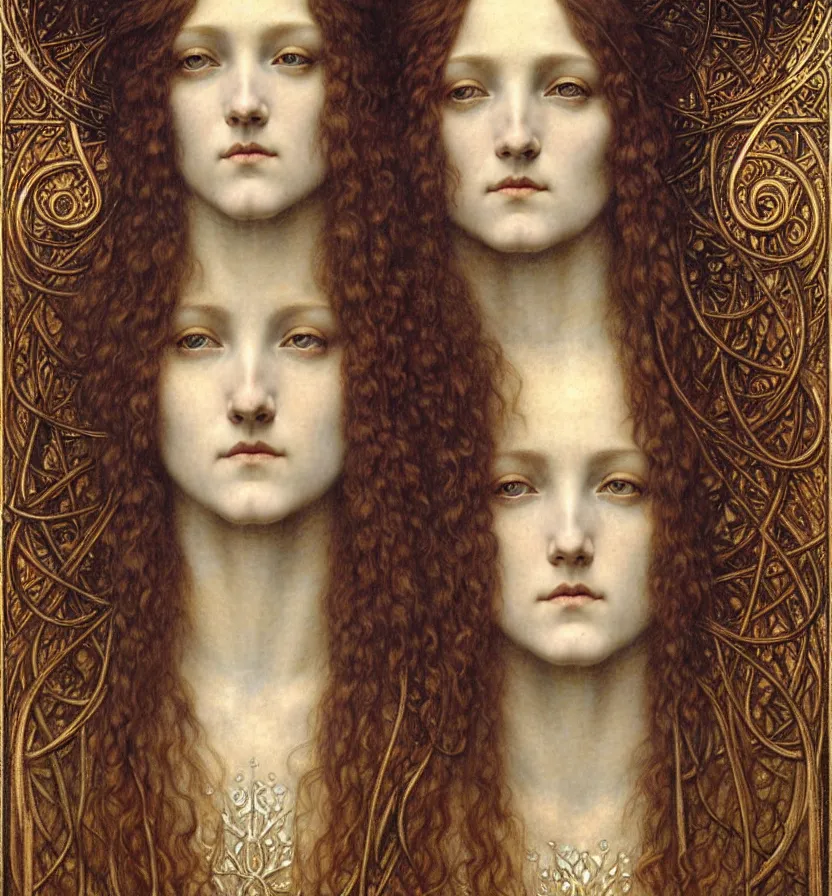 Image similar to detailed realistic beautiful young medieval queen face portrait by jean delville, gustave dore and marco mazzoni, art nouveau, symbolist, visionary, gothic, pre - raphaelite. horizontal symmetry