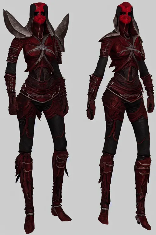 Image similar to female adventurer in tight full - body ebony leather armor of dunmer design with dark red cloth underneath and with a red porcelain crow mask, trending in artstation, establishing shot