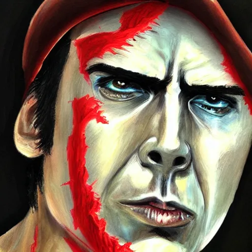 Image similar to nic cage as monkey d luffy, buff, painted portrait, highly detailed,