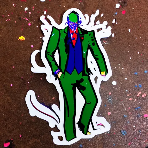 Image similar to die cut sticker, saul goodman wearing the joker suit, splatter paint