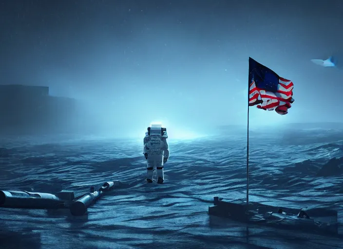 Image similar to astronaut holding a flag in an underwater desert. a submarine is visible in the distance. dark, concept art, cinematic, dramatic, atmospheric, 8 k, trending on artstation, blue, fish, low visibility, fog, ocean floor, christopher nolan, interstellar