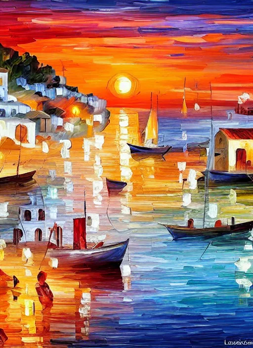 Image similar to beautiful seaside greek village and boats at sunset in the style of leonid afremov