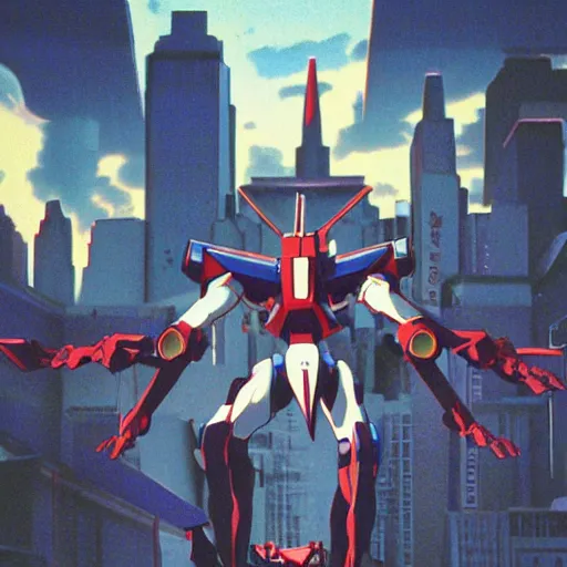 Prompt: evangelion mecha slanting over a city at the witching hour taken with 35mm filmstock