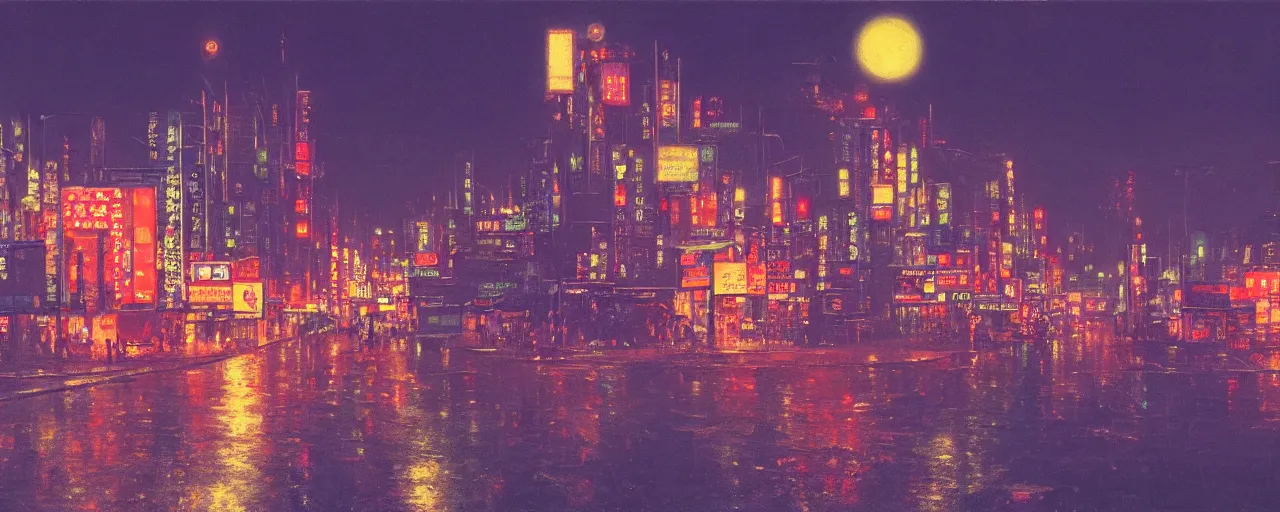 Image similar to awe inspiring bruce pennington cityscape, digital art painting of 1 9 6 0 s, japan at night, 4 k, matte
