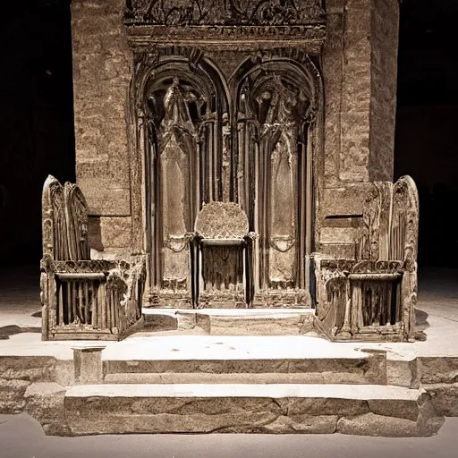 Prompt: ruins of a medieval throne room with all seats replaced by people encased in crystal, perspective from the entrance, dark