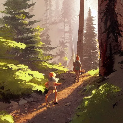 Prompt: Hiking in the pines. by Craig mullins, Steve Purcell, Ralph McQuarrie. Trending on artstation. Centered image, no background