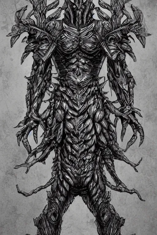 Image similar to armoured tree humanoid monster, symmetrical, highly detailed, digital art, tree armour, sharp focus, trending on art station, kentaro miura manga art style