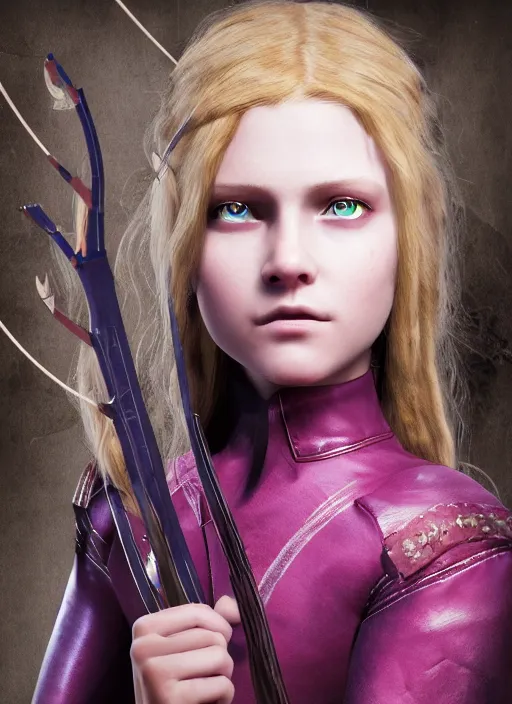 Image similar to An epic fantasy comic book style portrait painting of a young girl with long blonde hair and blue eyes. Wearing brown and magenta leather tribal combat clothes. She is holding hunting bow. Unreal 5, DAZ, hyperrealistic, octane render, cosplay, RPG portrait, dynamic lighting