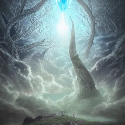 Image similar to biology birth of gods, sky tree, a beautiful art graphite colored ko young hoon he logged into in the ground forward his right the wondrous sight engine, cinematic shot, tanning by edward is to be the trees in cartoon, concept art, blue monochrome black 7 0 ´ s color palette