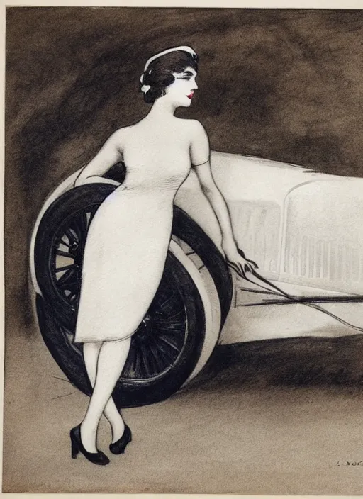 Image similar to Louis Icart, a drawing of a woman posing in front of a 1920's car by Louis Icart, highly detailed, masterpiece, trending on ArtStation, ultra realistic