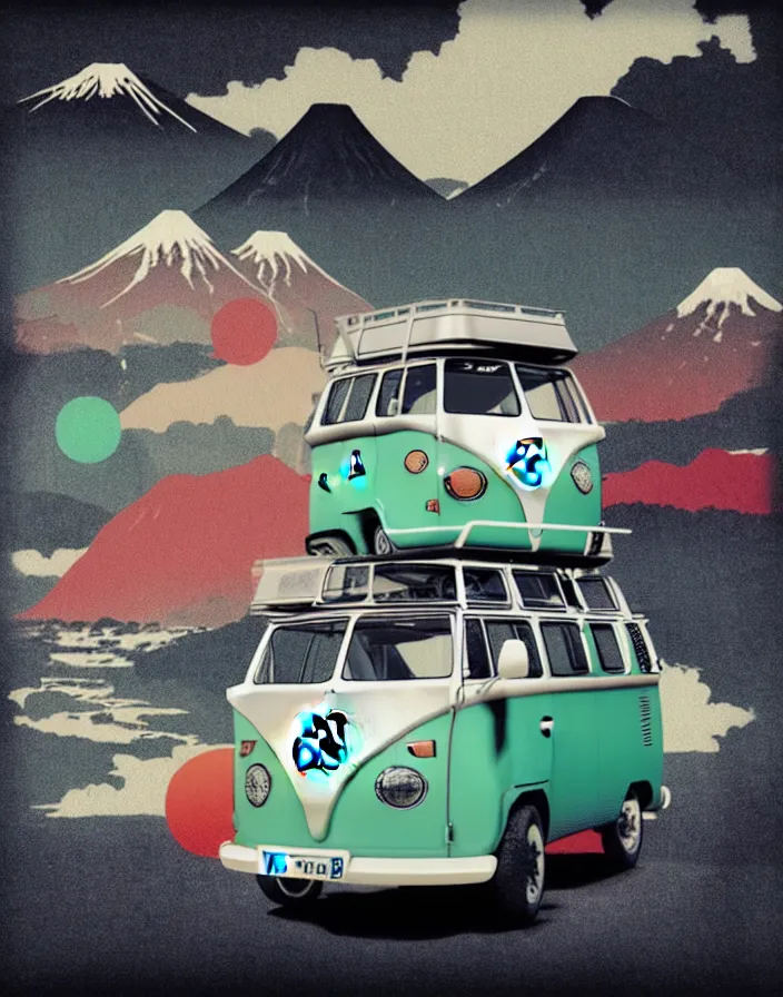 Image similar to vw camper touring rural japan, a collage painting, in the style of wes anderson, lola dupre, david hockney, isolated on negative white space background dark monochrome fluorescent spraypaint accents volumetric octane render, no double figure