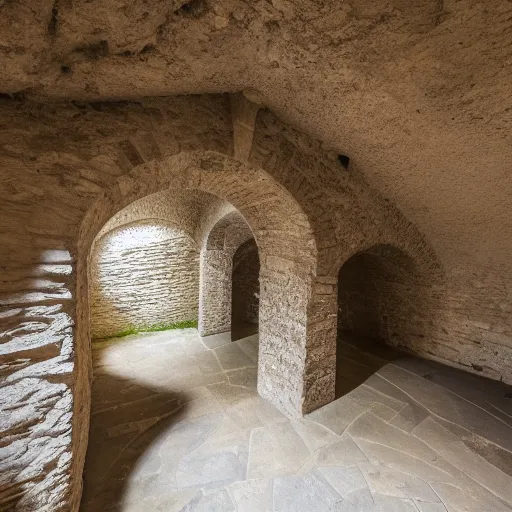 Prompt: wide angle picture of a tall and narrow vaulted medieval cellar. Stone and lime mortar. Diy workshop with tools lined up on the wall and workbenches, shot with 11-16mm Sigma on a 80D