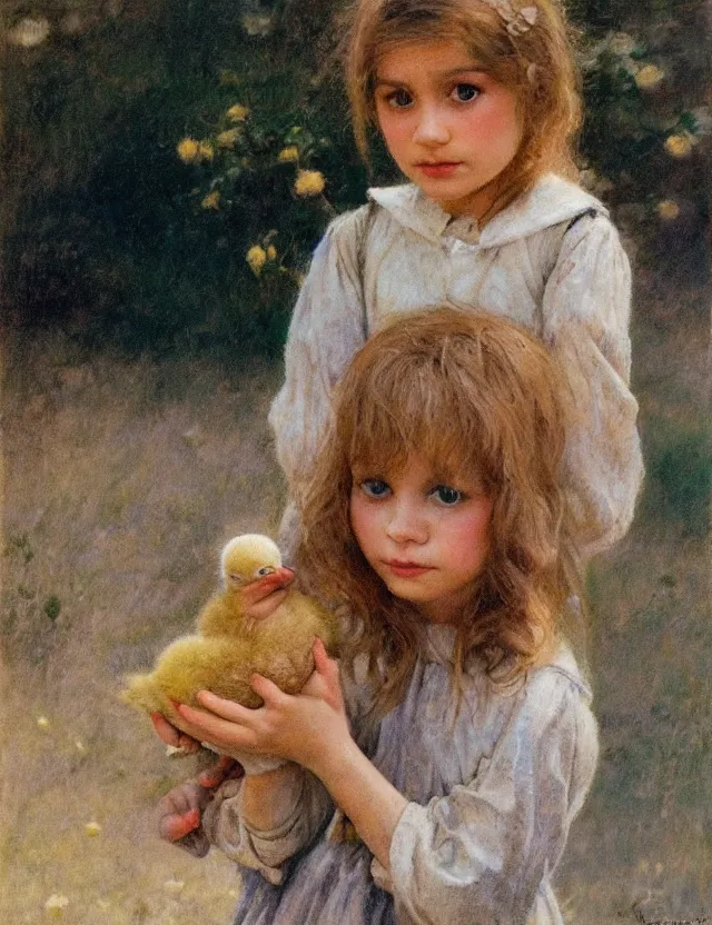 Image similar to portrait of little peasant girl holding chick in her hands, cottage core, cinematic focus, polaroid photo bleached vintage pastel colors high - key lighting, soft lights, foggy, by steve hanks, by lisa yuskavage, by serov valentin, by tarkovsky, 8 detailed, oil on canvas