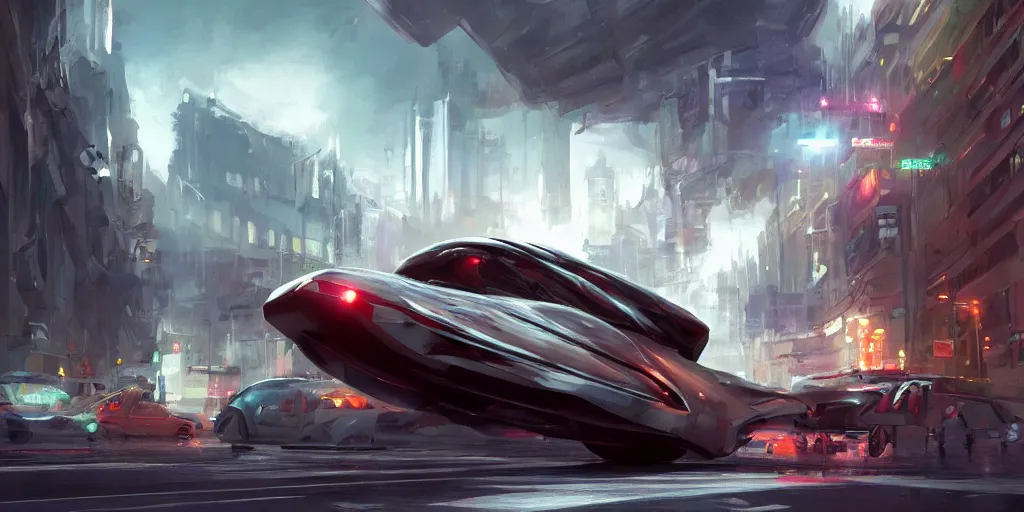 Prompt: a concept art painting of a futuristic flying car traveling through the center of a large city at high speeds, traffic, environmental lighting, cinematic by darek zabrocki, trending on artstation