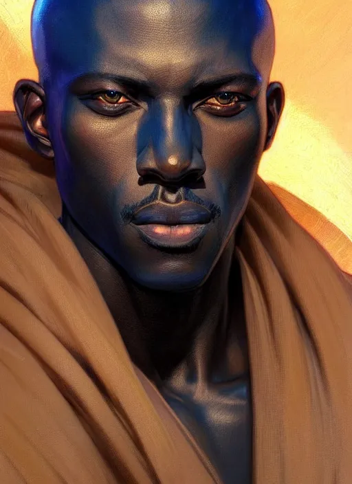 Image similar to portrait of an African man, glowing blue eyes!! muscular, black leather robes! intricate, elegant, highly detailed, digital painting, artstation, concept art, smooth, sharp focus, illustration, art by artgerm and greg rutkowski and alphonse mucha