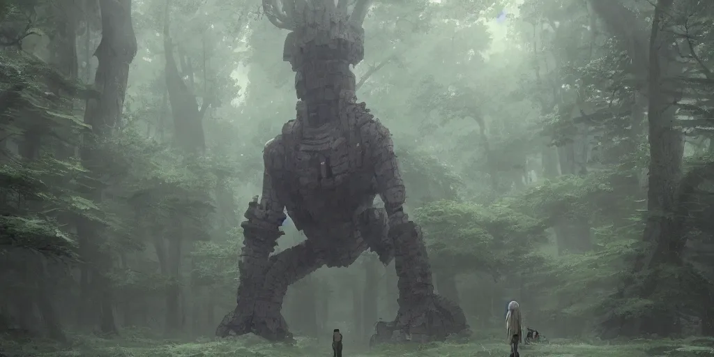 Prompt: An enormous stone golem walks through a tranquil and serene forest, digital art by Greg Rutkowski and Studio Ghibli