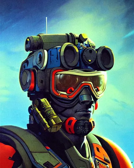 Prompt: soldier 7 6 from overwatch, character portrait, portrait, close up, concept art, intricate details, highly detailed, vintage sci - fi poster, retro future, in the style of chris foss, rodger dean, moebius, michael whelan, and gustave dore