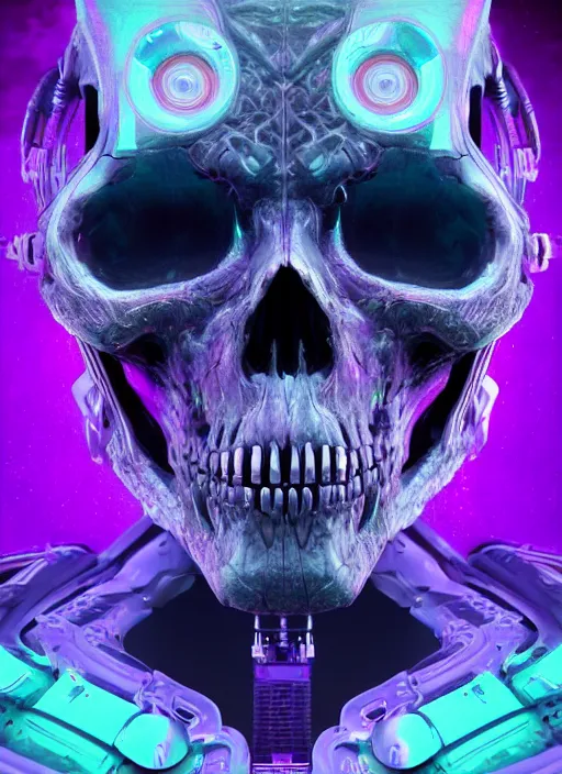 Prompt: a futuristic skull with glowing eyes and a purple background, fractal made of skulls, cyberpunk art by android jones, behance contest winner, computer art, darksynth, synthwave, rendered in cinema 4 d