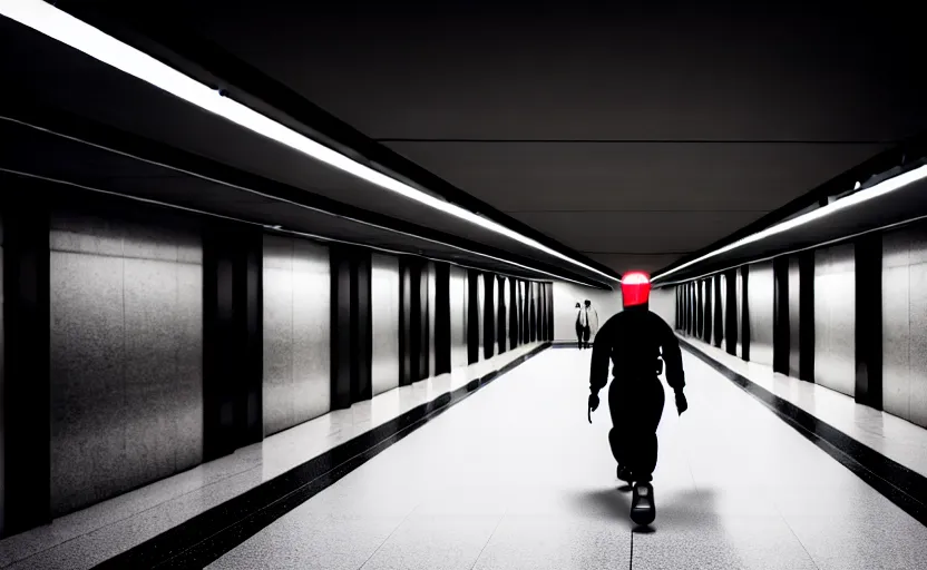 Prompt: Black quadcopters swarm the wide hallways in a futuristic prison underground with brutalist architecture, staff can be seen carrying black duffel bags, sigma 85mm f/1.4, 4k, depth of field, high resolution, 4k, 8k, hd, full color