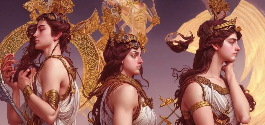 Prompt: symmetry!! intense fanart of 3 / 4 front pose of athena the goddess of war next to aphrodite the goddess of love, intricate, elegant, highly detailed, my rendition, digital painting, artstation, concept art, smooth, sharp focus, illustration, art by artgerm and greg rutkowski and alphonse mucha