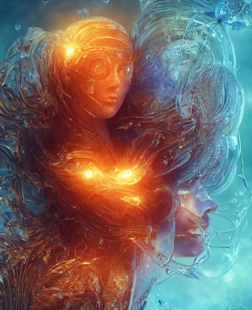 Image similar to close-up macro portrait of the face of a beautiful princess, epic angle and pose, symmetrical artwork, 3d with depth of field, blurred background, cybernetic jellyfish female face skull phoenix bird, translucent, nautilus, energy flows of water and fire. a highly detailed epic cinematic concept art CG render. made in Maya, Blender and Photoshop, octane render, excellent composition, cinematic dystopian brutalist atmosphere, dynamic dramatic cinematic lighting, aesthetic, very inspirational, arthouse. y Greg Rutkowski, Ilya Kuvshinov, WLOP, Stanley Artgerm Lau, Ruan Jia and Fenghua Zhong