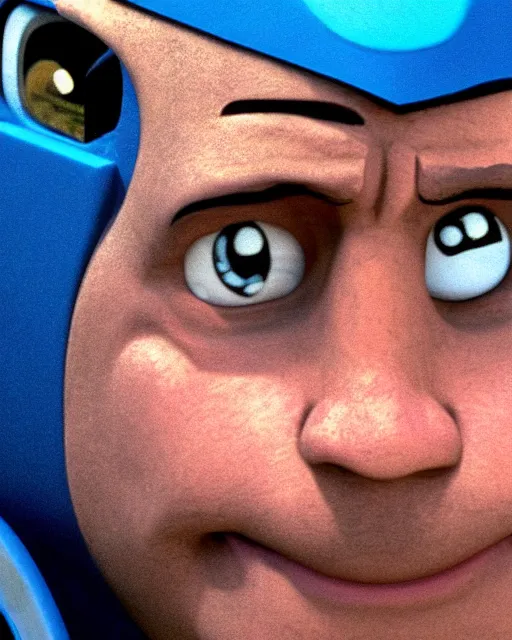 Image similar to Film still close-up shot of Dwayne Johnson as the Thomas the Tank Engine from the movie Thomas and the Magic Railroad. Photographic, photography