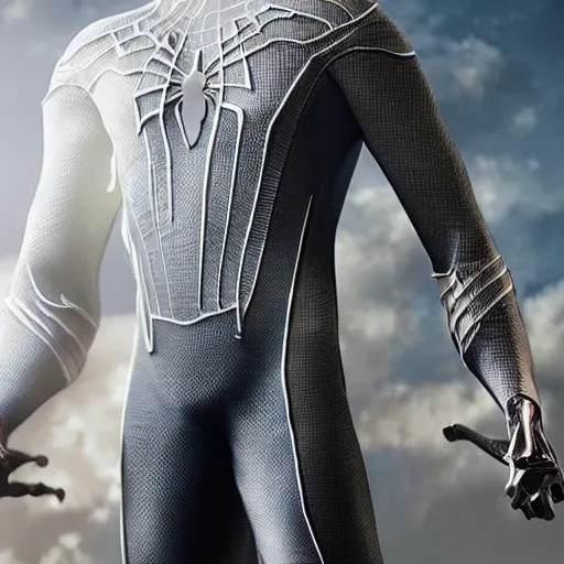 Image similar to white spider - man suit with black web lining, cinematic, volumetric lighting, realistic, hyperdetailed, photorealistic, photograph