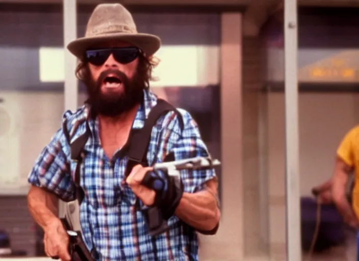 Prompt: film still of Randy Savage as Nada wearing a flannel shirt and sunglasses and holding a shotgun with a bandolier in Bank scene in They Live 1988