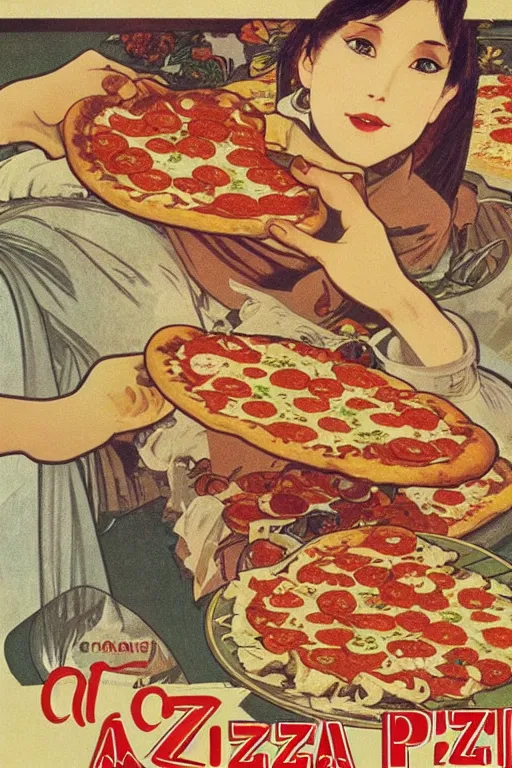 Prompt: pizza and pasta advertisment, still life, 1 9 7 0 s japan shouwa advertisement, print, nostalgic, alphonse mucha