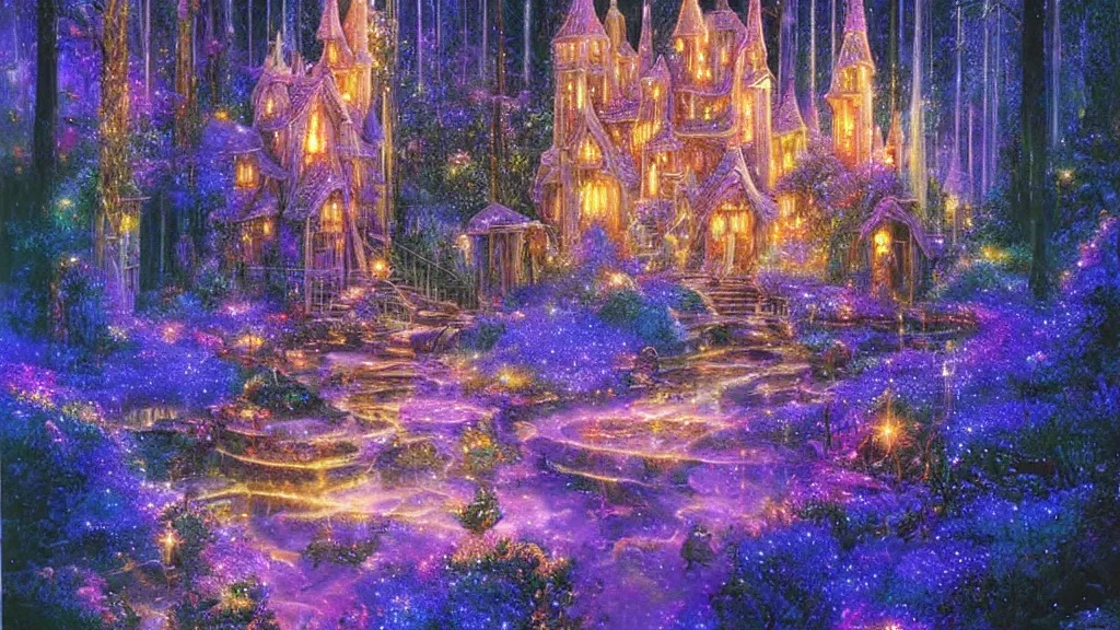 Image similar to a magical crystal castle made of light inspired by gilbert williams enveloped in trails of colorful lights around it. clean painting and auora lighting. dark blue and intense purple color palette, art by gilbert williams