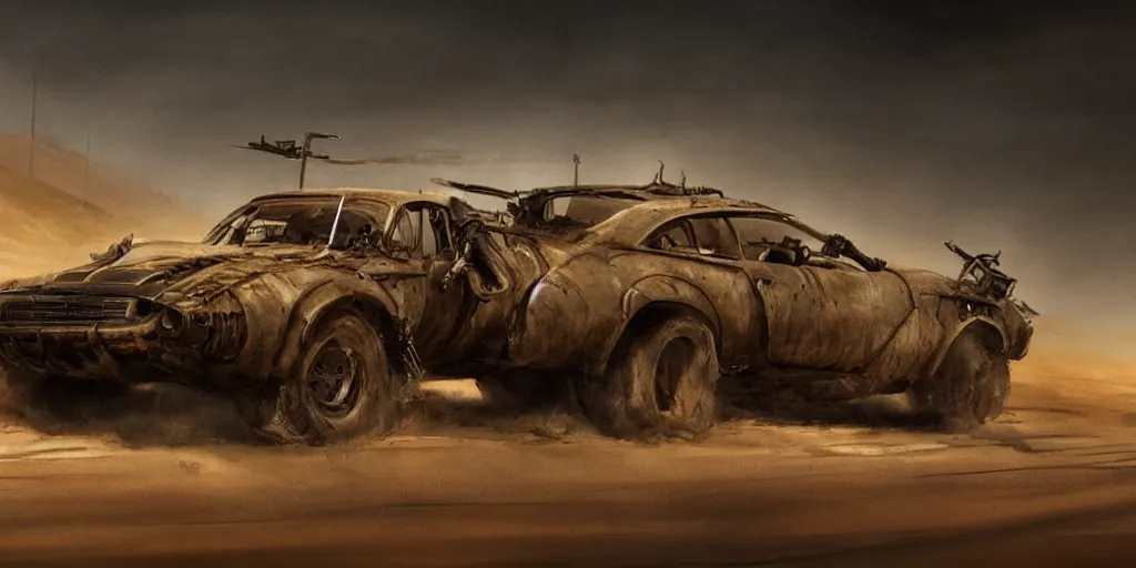 Image similar to an environmental concept art from mad max fury road, single muscle car speeding through the desert, exposing shiny engine, mechanical, highly detailed, cinematic, dramatic lighting by francis tneh